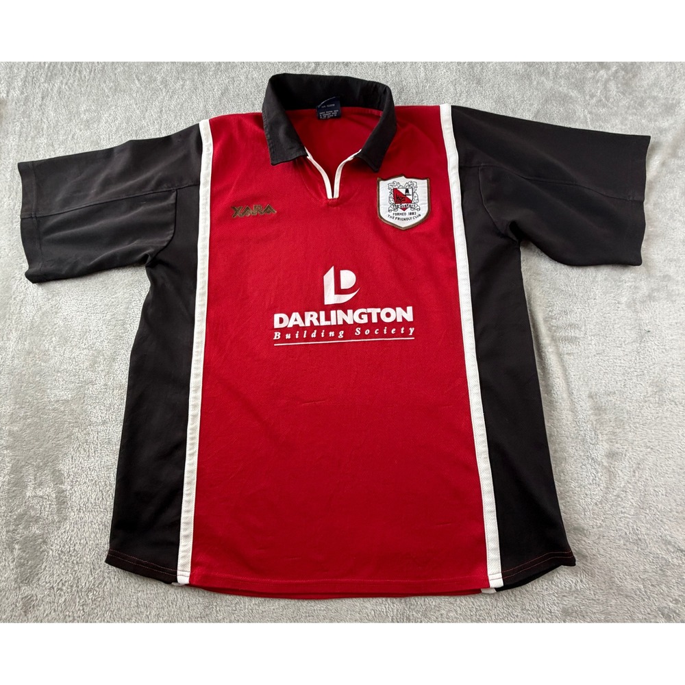 Xara Darlington FC Soccer Jersey Mens Large Red Black Darlington Building Soc